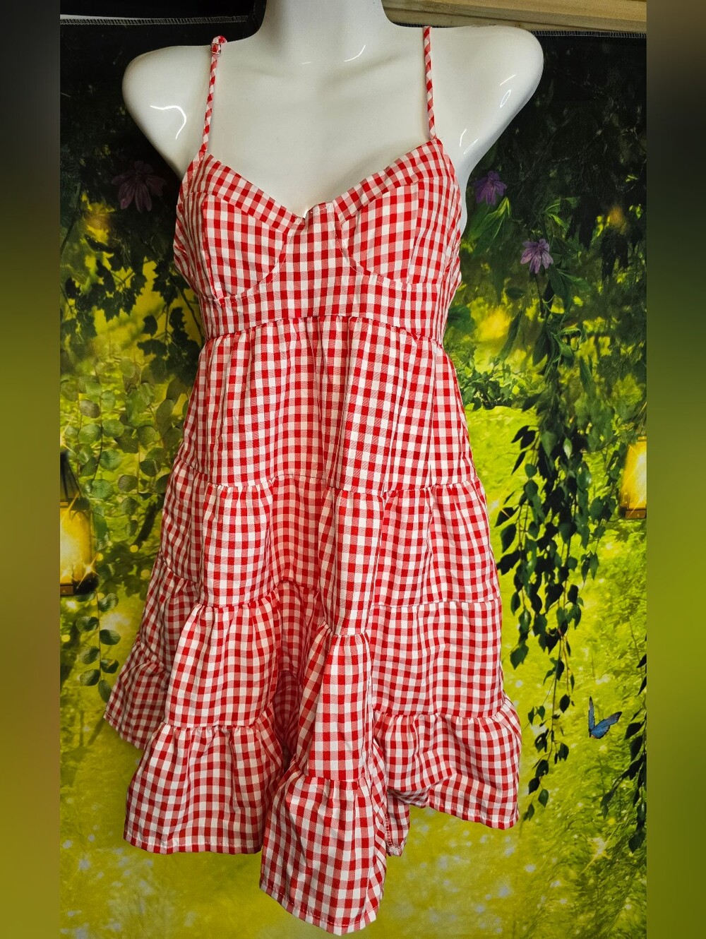#112 Red Gingham Tiered Mini Dress with Spaghetti Straps